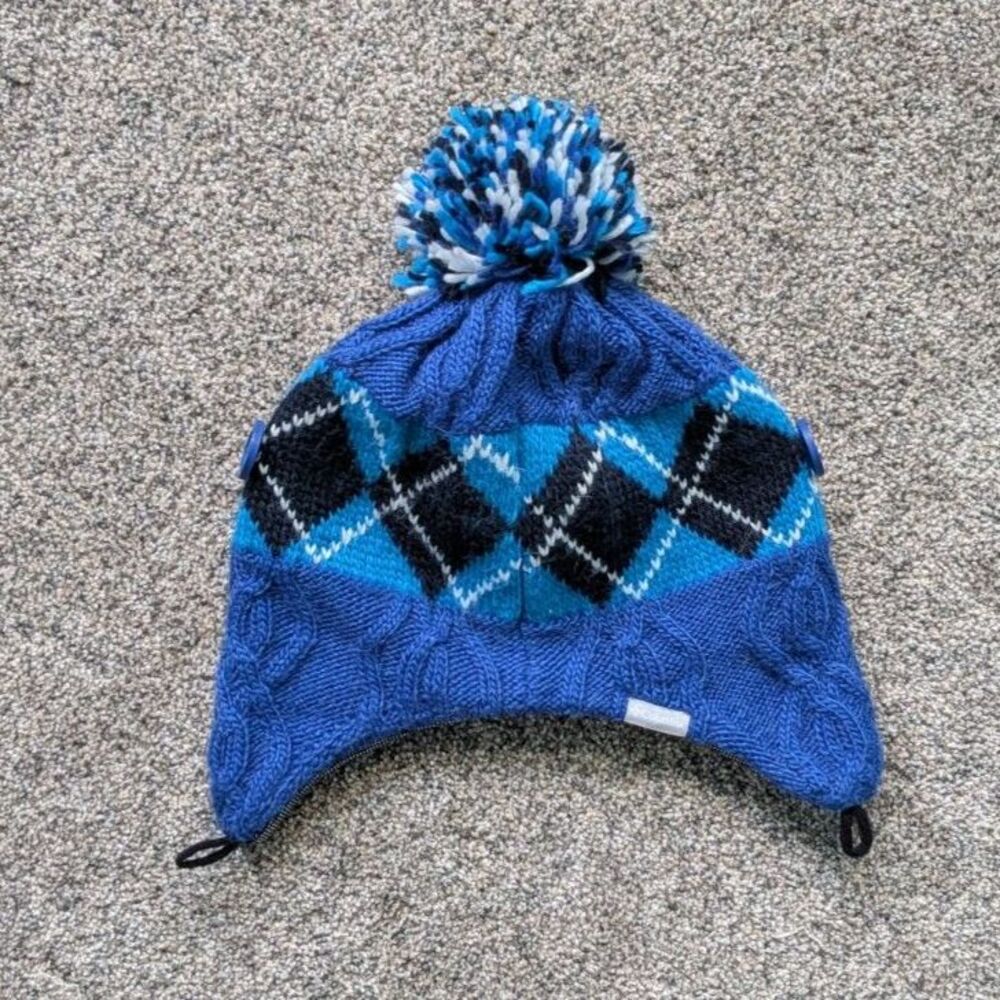 Columbia Omni-Heat Blue Argyle Trapper Beanie Hat - Wool Blend Pom Pom O/S